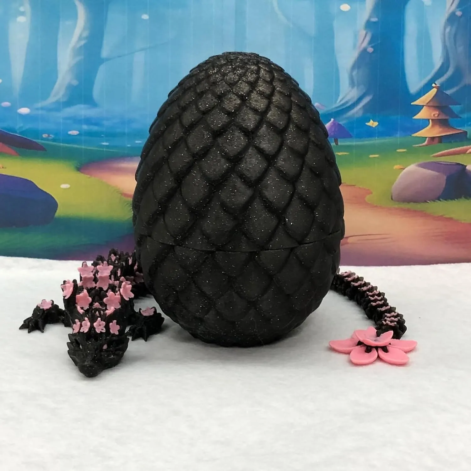 Black and Pink Cherry Blossom Dragon with Dragon Egg, 3D Printed Articulated Black and Pink Cherry Blossom Dragon, Fidget ADHD Sensory Toy D028
