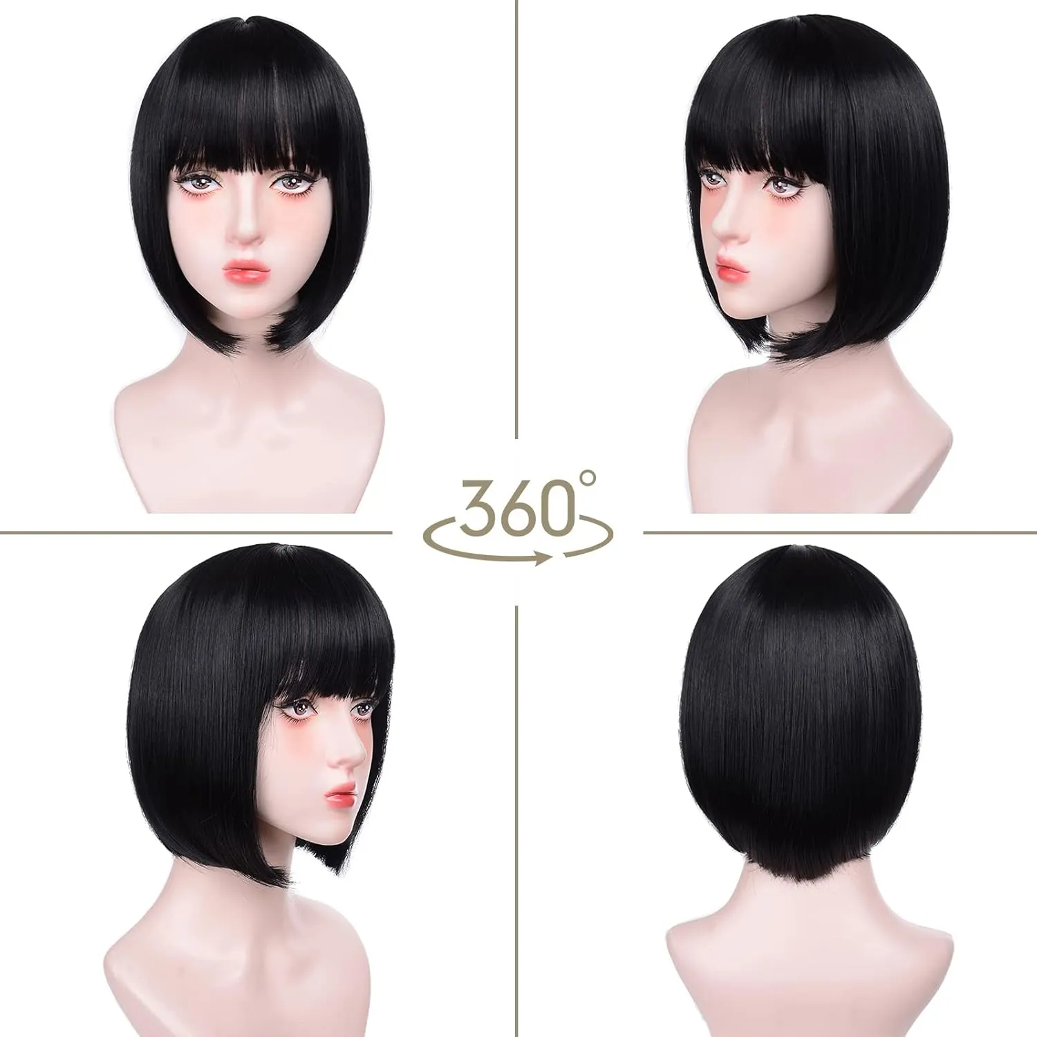 Black Bob Wigs With Bangs - 12'' Short Black Bob Wigs for Women Super Soft and Easy to Wear Straight Bob Wig, Colorful Synthetic Wig for Daily, Cosplay, Halloween…