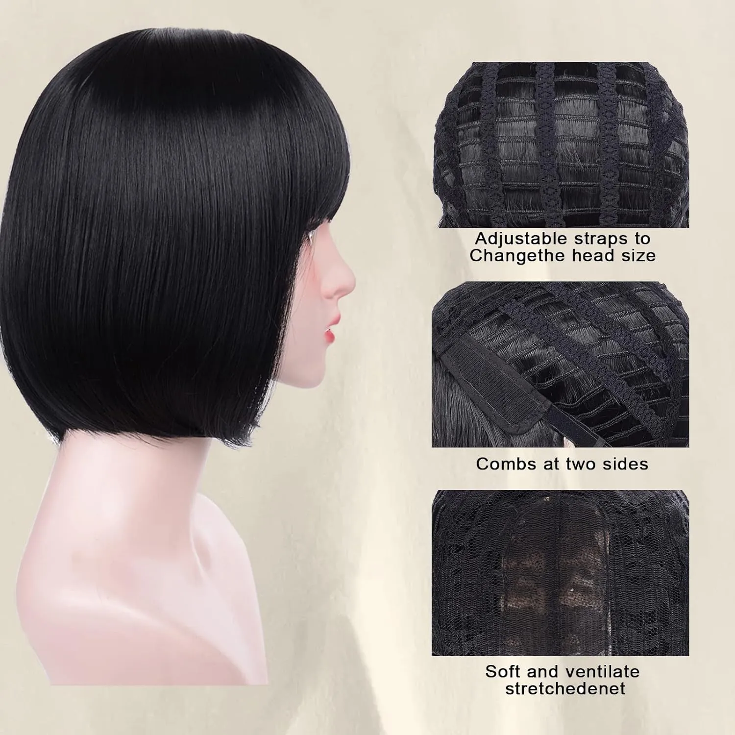 Black Bob Wigs With Bangs - 12'' Short Black Bob Wigs for Women Super Soft and Easy to Wear Straight Bob Wig, Colorful Synthetic Wig for Daily, Cosplay, Halloween…