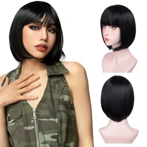Black Bob Wigs With Bangs - 12'' Short Black Bob Wigs for Women Super Soft and Easy to Wear Straight Bob Wig, Colorful Synthetic Wig for Daily, Cosplay, Halloween…