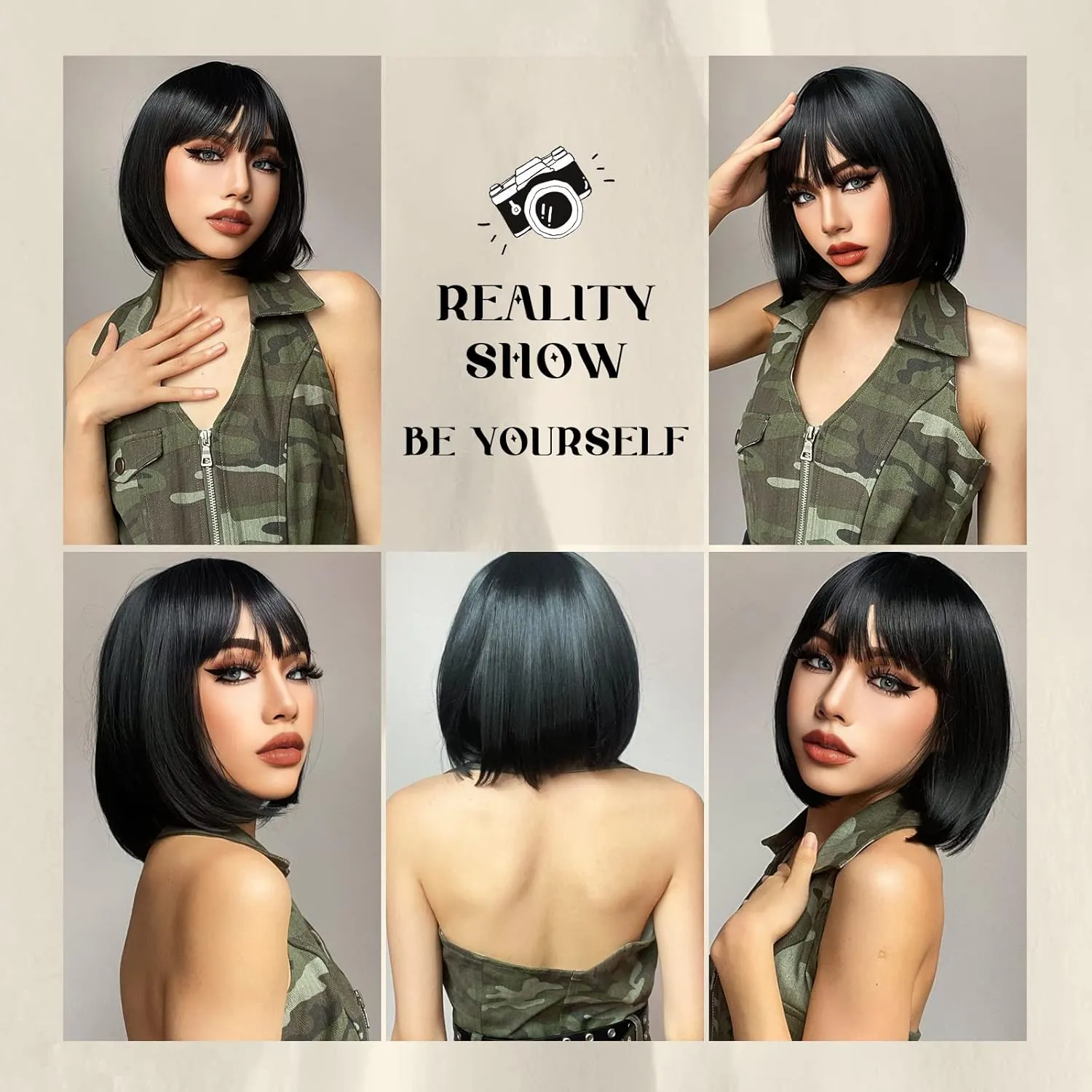 Black Bob Wigs With Bangs - 12'' Short Black Bob Wigs for Women Super Soft and Easy to Wear Straight Bob Wig, Colorful Synthetic Wig for Daily, Cosplay, Halloween…