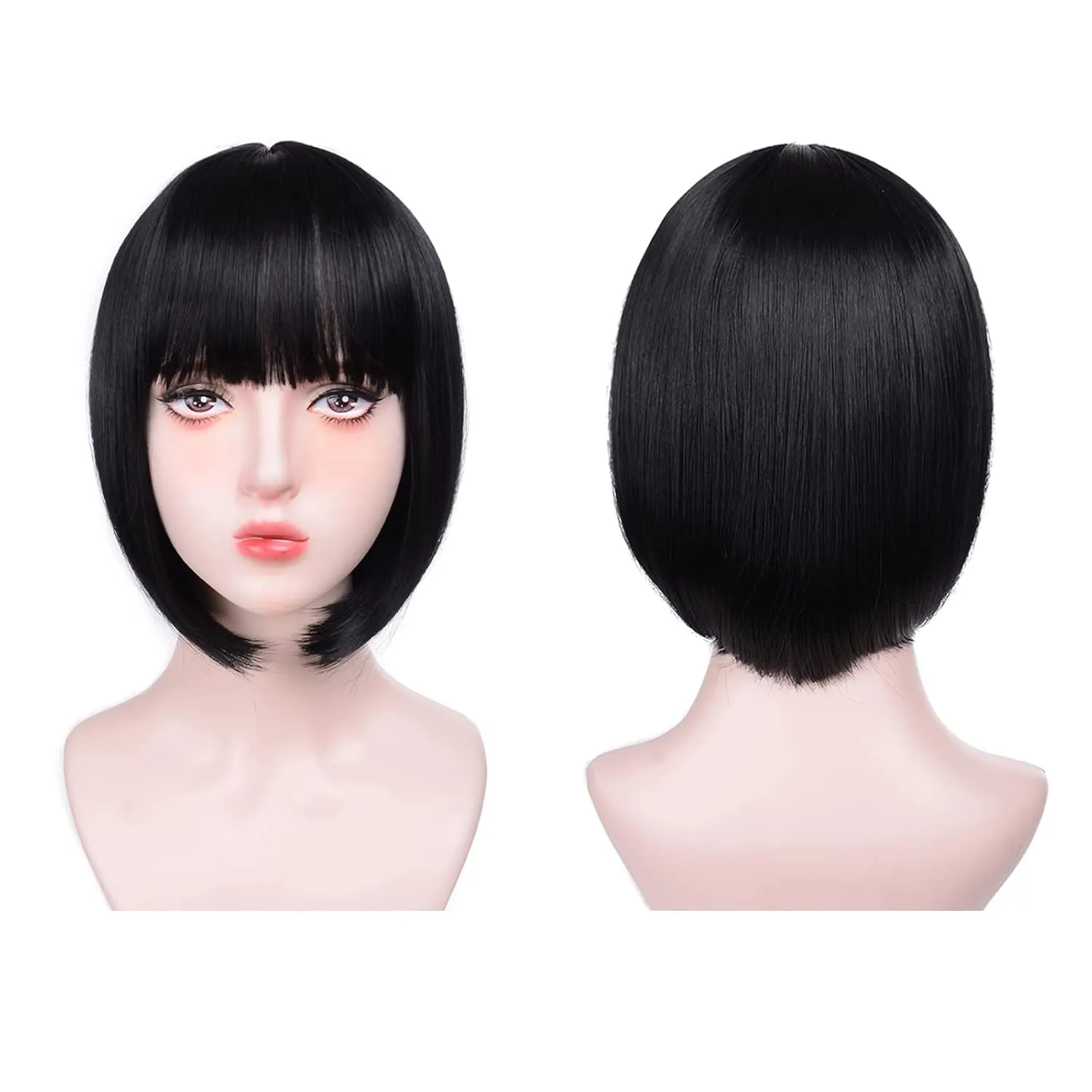Black Bob Wigs With Bangs - 12'' Short Black Bob Wigs for Women Super Soft and Easy to Wear Straight Bob Wig, Colorful Synthetic Wig for Daily, Cosplay, Halloween…