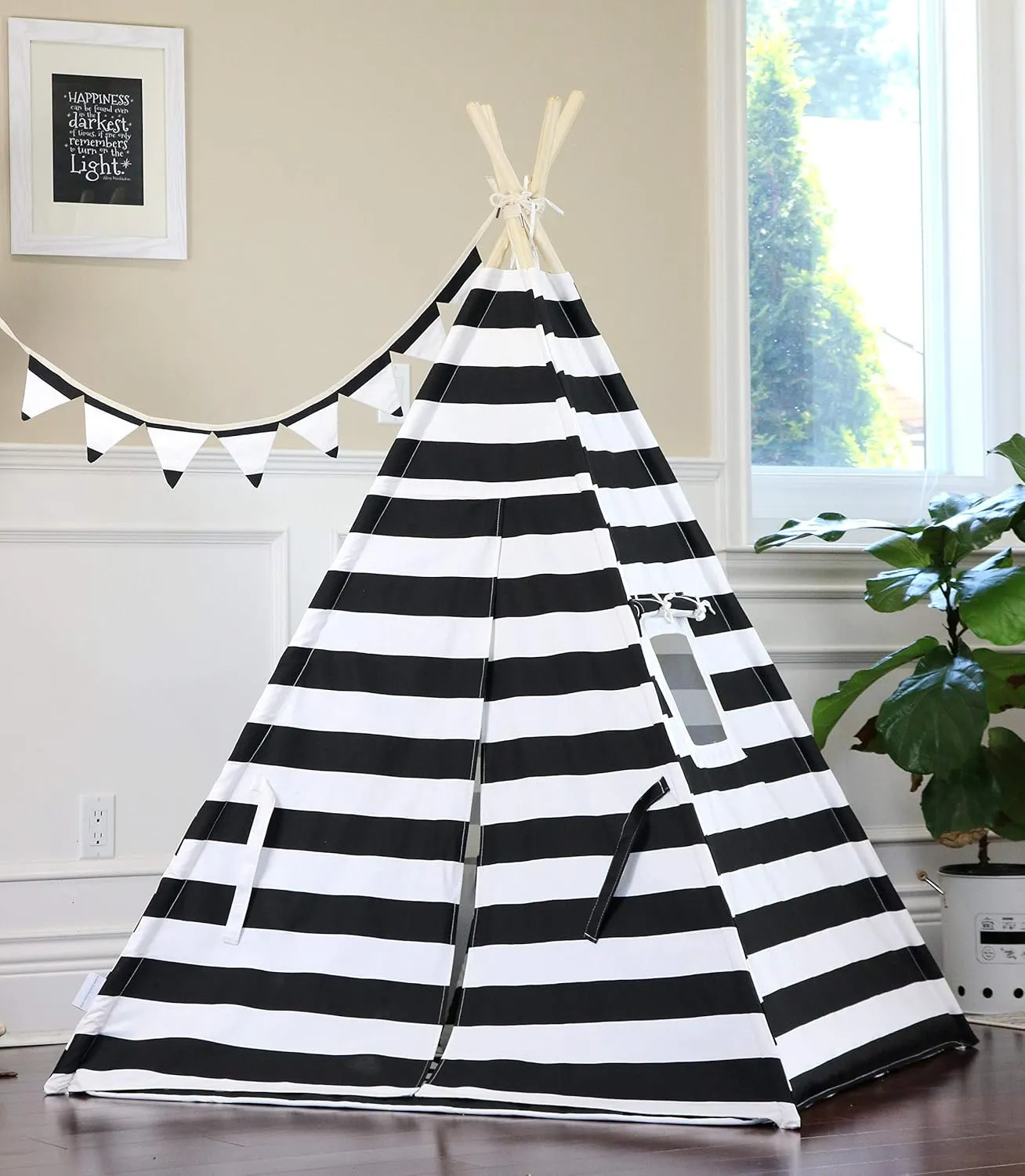Black Stripe Teepee with Floor, Pocket, Window, Flag Banner, LED Light and Hand Bag, Play Tent, Play House, Kids Room Decor