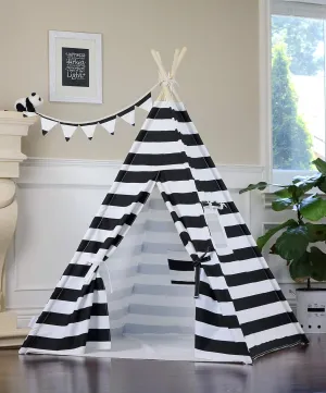 Black Stripe Teepee with Floor, Pocket, Window, Flag Banner, LED Light and Hand Bag, Play Tent, Play House, Kids Room Decor