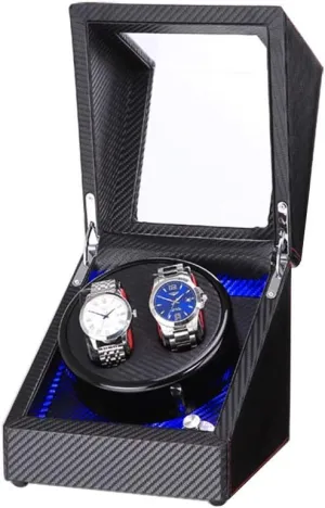 Black Watch Winder Box for Double Automatic Watches, Automatic Winder Case, with Blue LED Light, Super Quiet Motor Watch Winder Display Watch Box Case Watch Storage C