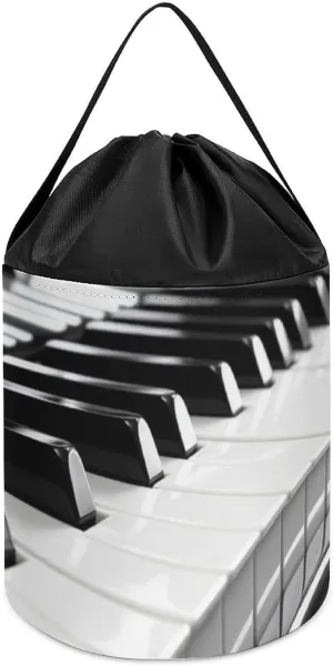 Black White Piano Keyboard Toy Storage Basket Reusable Drawstring Toy Bucket Bags Toy Hamper Round Toys Clothes Storage Basket for Playroom