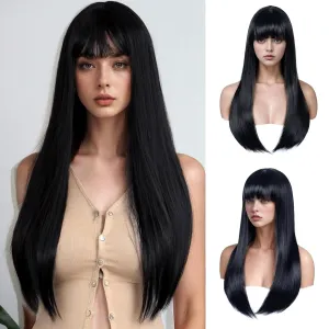 Black Wig with Bangs for Women Long Straight Wig for Grils Heat Resistant Synthetic Wig Black Hair Wigs for Daily Party Halloween Cosplay Wig 24inch