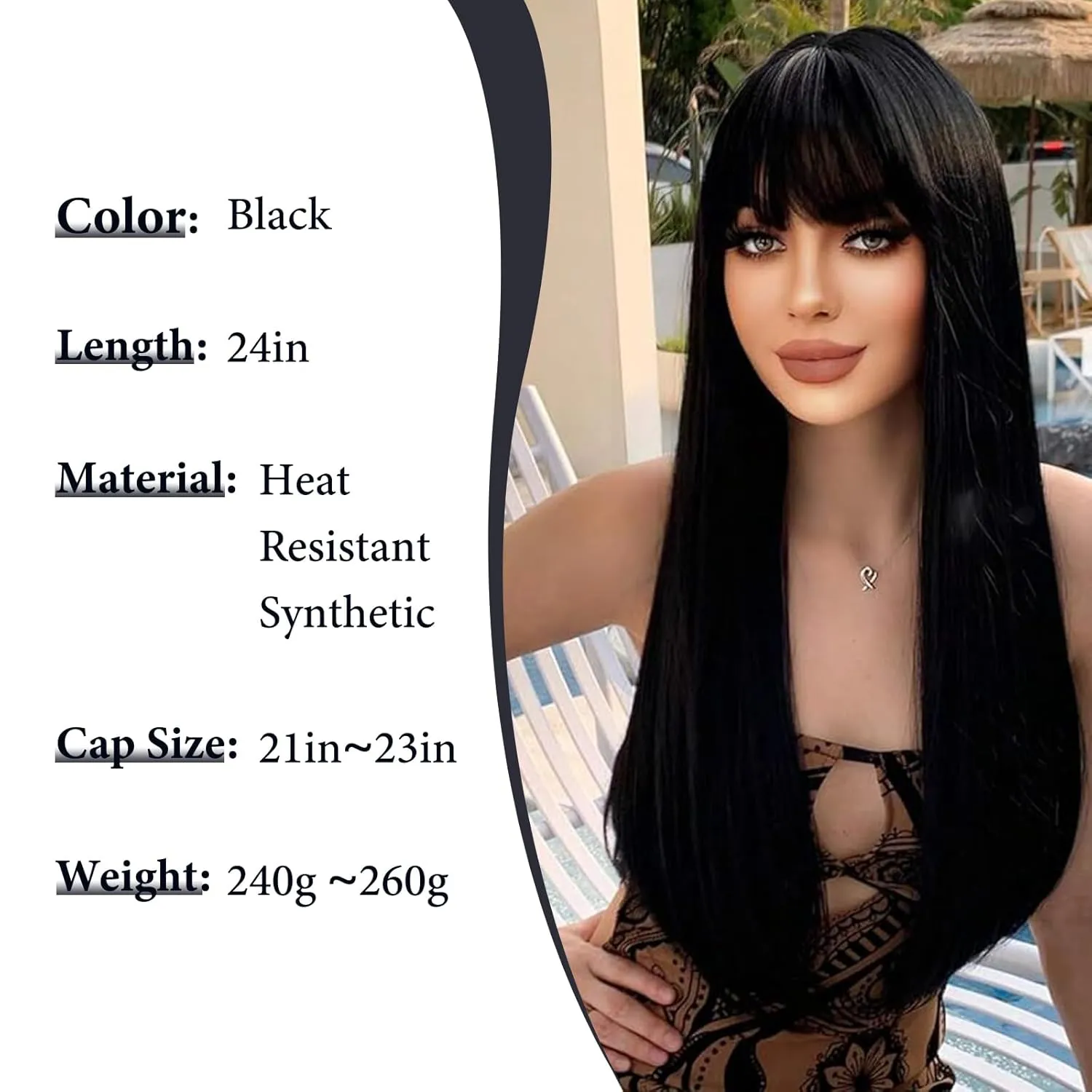 Black Wig with Bangs for Women Long Straight Wig for Grils Heat Resistant Synthetic Wig Black Hair Wigs for Daily Party Halloween Cosplay Wig 24inch