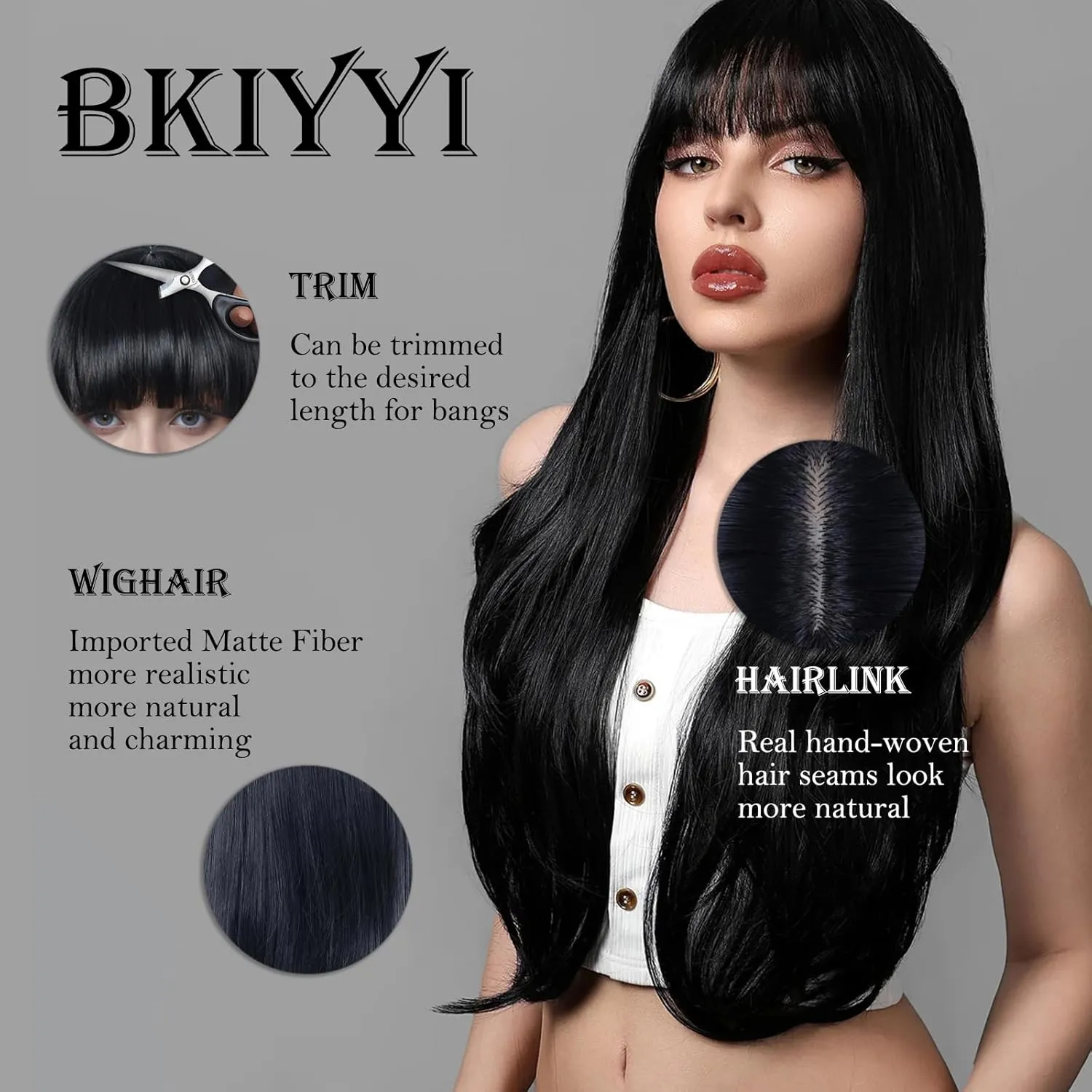 Black Wig with Bangs for Women Long Straight Wig for Grils Heat Resistant Synthetic Wig Black Hair Wigs for Daily Party Halloween Cosplay Wig 24inch