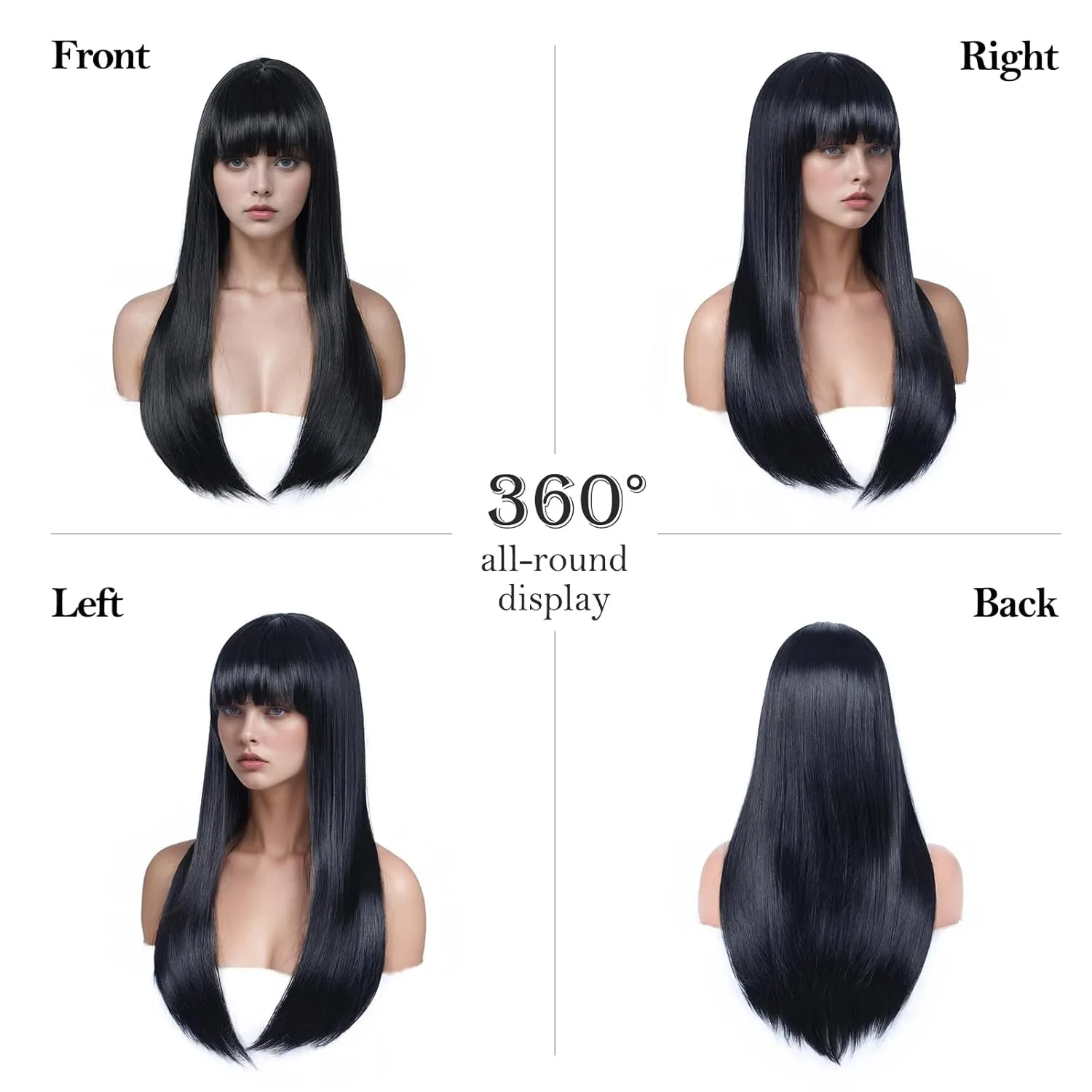 Black Wig with Bangs for Women Long Straight Wig for Grils Heat Resistant Synthetic Wig Black Hair Wigs for Daily Party Halloween Cosplay Wig 24inch