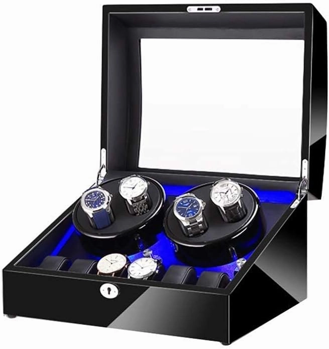 Black 4 6 Automatic Watch Winder Box with LED Light in Wood Shell and Leather Piano Paint Exterior Super Quiet Motor (D)