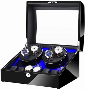 Black 4 6 Automatic Watch Winder Box with LED Light in Wood Shell and Leather Piano Paint Exterior Super Quiet Motor (D)