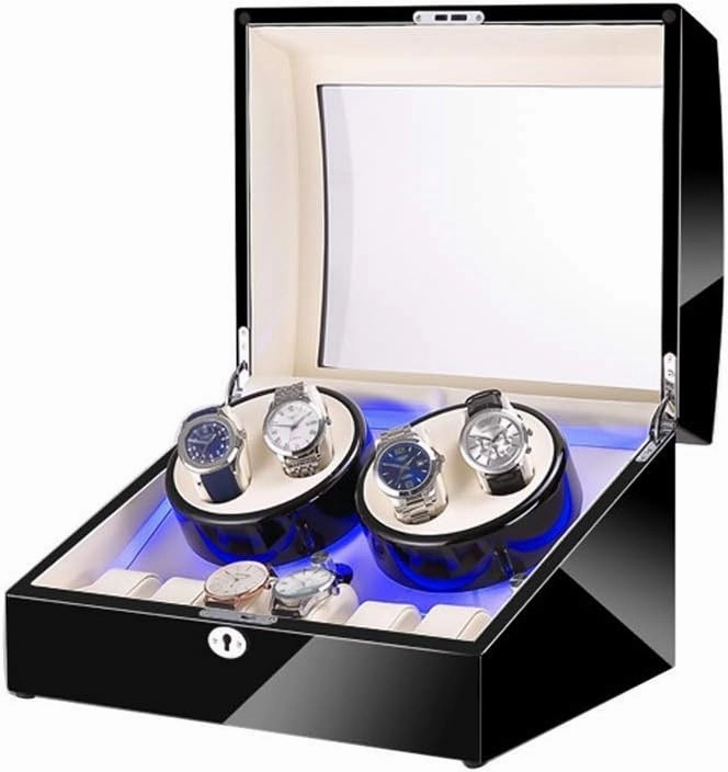Black 4 6 Automatic Watch Winder Box,with Led Light, in Wood Shell and Leather, Piano Paint Exterior, Super Quiet Motor,E