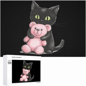 Black Cat Friend Teddy Bear Wooden Puzzles for Adults Jigsaw Puzzle Christmas Valentine's Day Birthday with Storage Box