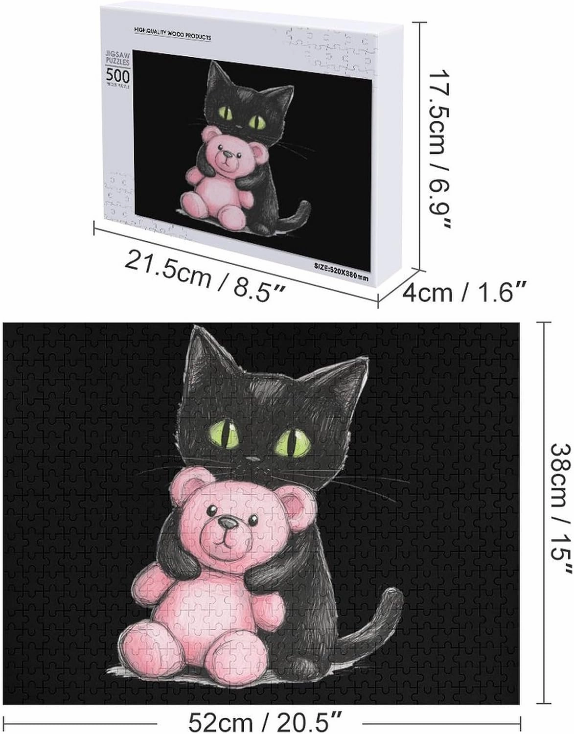 Black Cat Friend Teddy Bear Wooden Puzzles for Adults Jigsaw Puzzle Christmas Valentine's Day Birthday with Storage Box