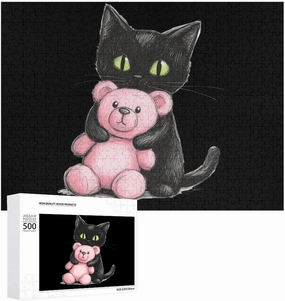 Black Cat Friend Teddy Bear Wooden Puzzles for Adults Jigsaw Puzzle Christmas Valentine's Day Birthday with Storage Box