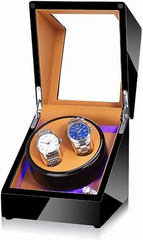 Black Watch Winder Box for Double Automatic Watches, Automatic Winder Case, with Blue Led Light, Super Quiet Motor Fashion D Watch Winder Display Watch Box