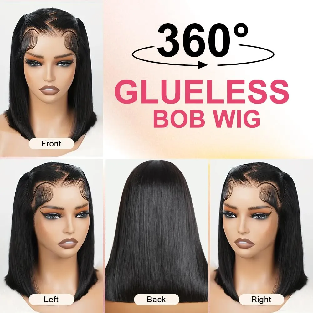 Bob Wigs Human Hair Glueless Wear and Go 14 Inch 7x5 HD Lace Closure Wig Short Bob Glueless Wig Human Hair Pre Plucked Pre Cut Black Pre Bleached Ready to Wear Wig 200% Density for Women
