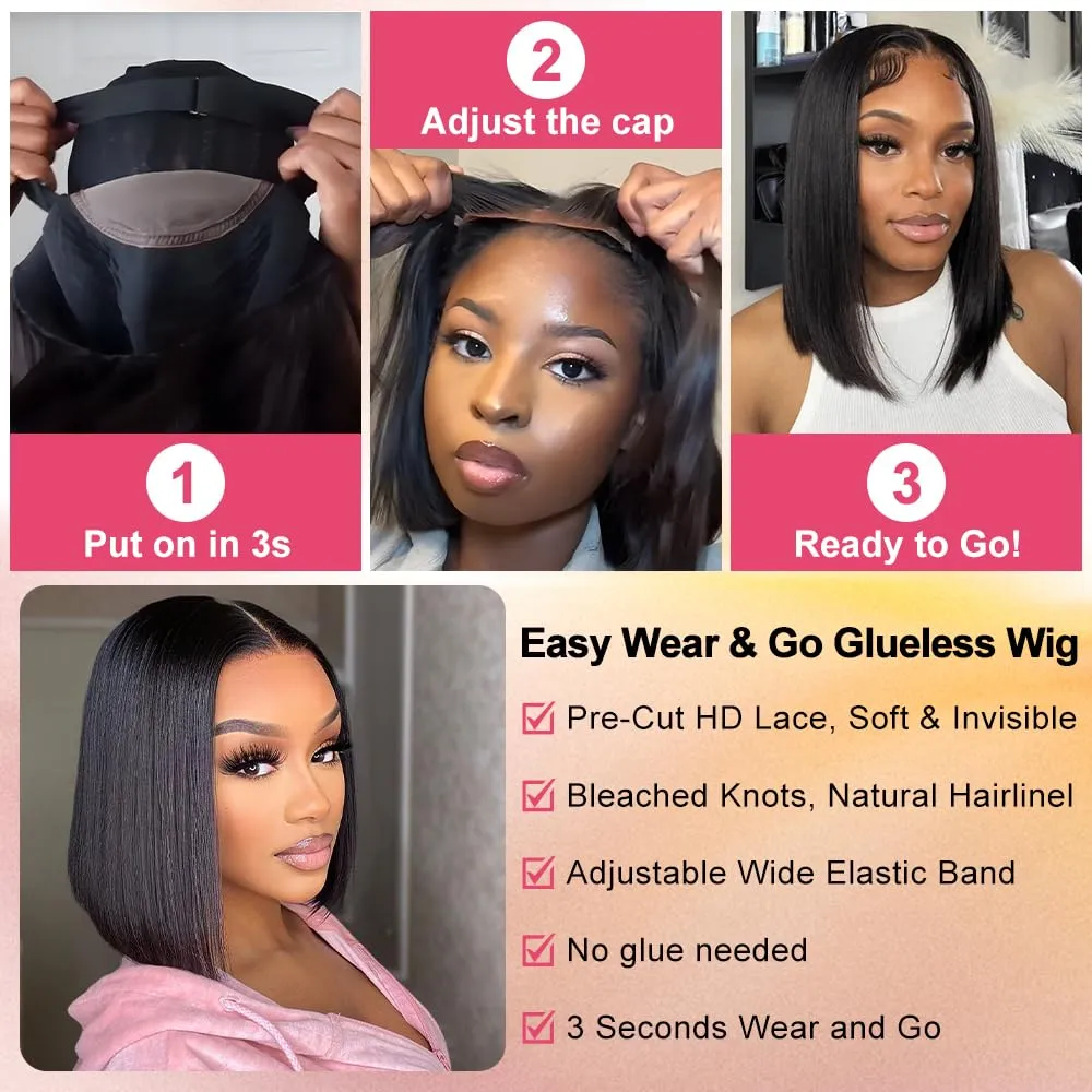 Bob Wigs Human Hair Glueless Wear and Go 14 Inch 7x5 HD Lace Closure Wig Short Bob Glueless Wig Human Hair Pre Plucked Pre Cut Black Pre Bleached Ready to Wear Wig 200% Density for Women