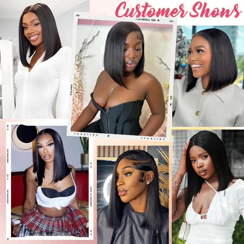 Bob Wigs Human Hair Glueless Wear and Go 14 Inch 7x5 HD Lace Closure Wig Short Bob Glueless Wig Human Hair Pre Plucked Pre Cut Black Pre Bleached Ready to Wear Wig 200% Density for Women