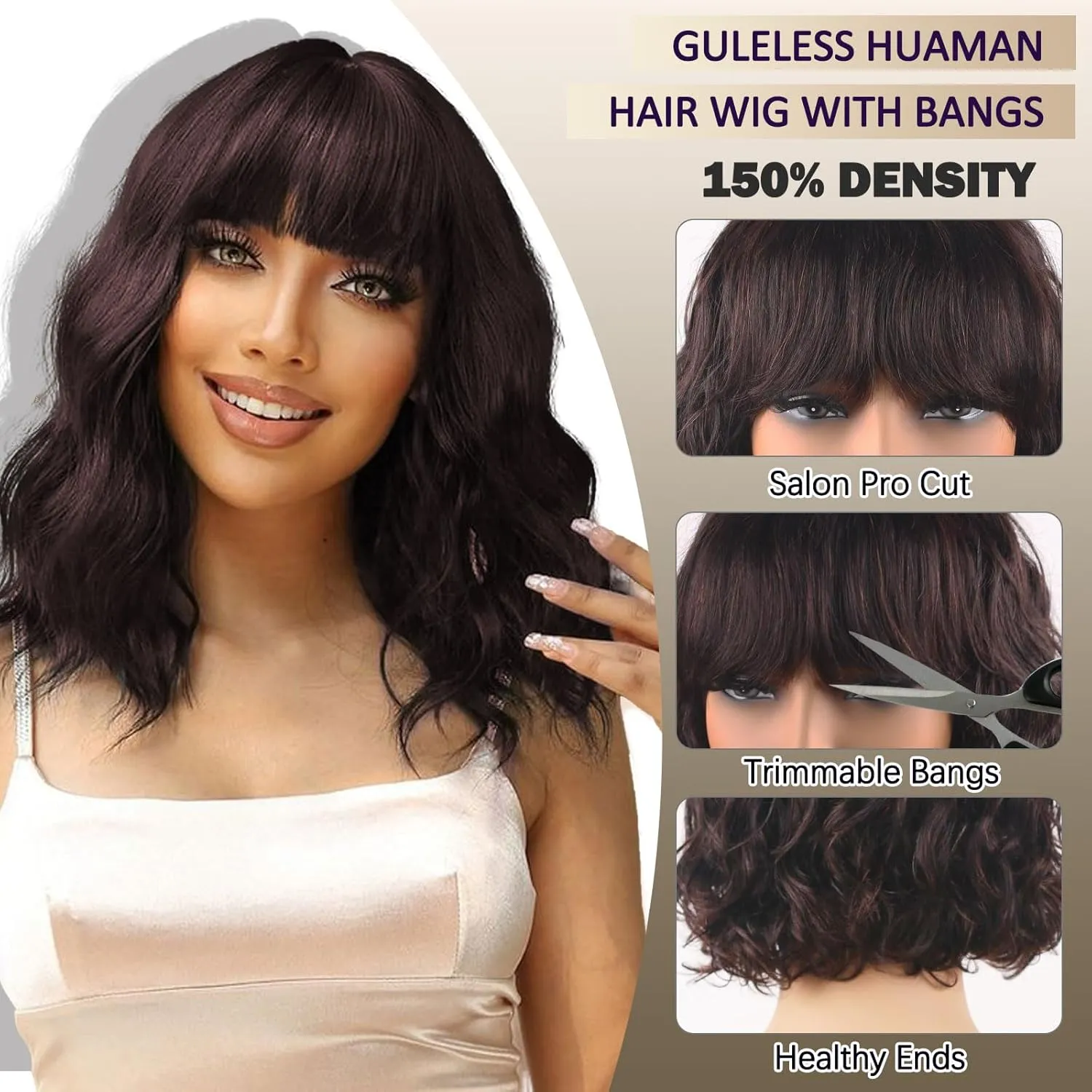 Body Wave Wigs with Bangs Human Hair Wig for Black Women None Lace Wear and Go Glueless Wig 150% Density Machine Made Brazilian Virgin Short Bob Wigs Human Hair (10 Inch, Natural)