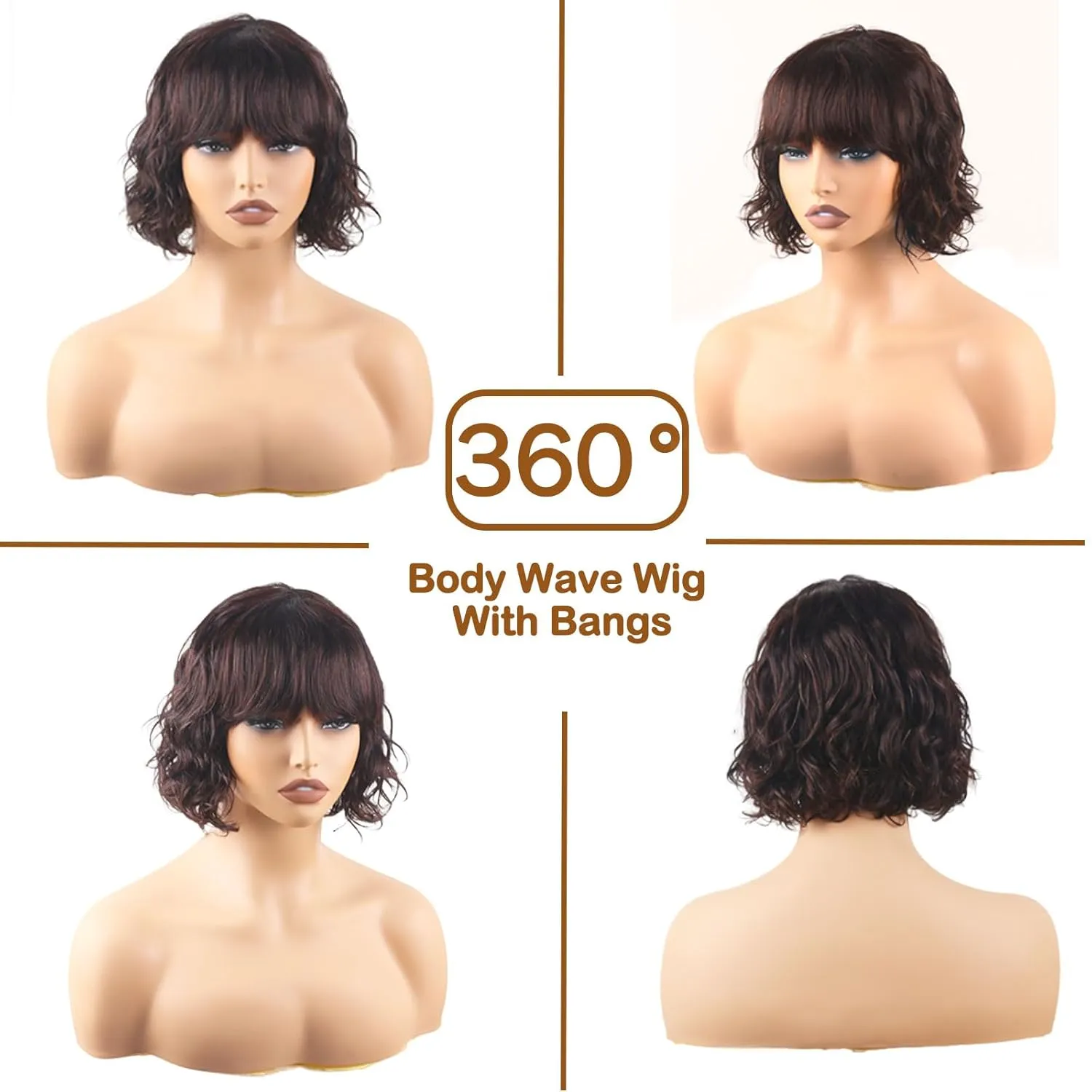 Body Wave Wigs with Bangs Human Hair Wig for Black Women None Lace Wear and Go Glueless Wig 150% Density Machine Made Brazilian Virgin Short Bob Wigs Human Hair (10 Inch, Natural)