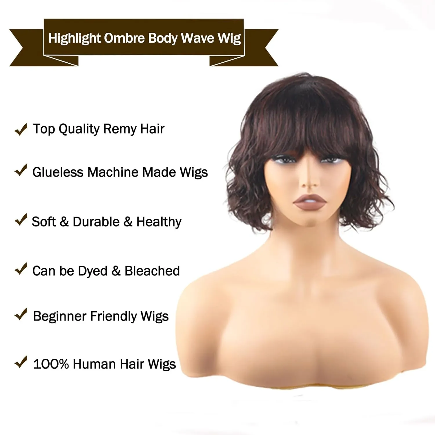 Body Wave Wigs with Bangs Human Hair Wig for Black Women None Lace Wear and Go Glueless Wig 150% Density Machine Made Brazilian Virgin Short Bob Wigs Human Hair (10 Inch, Natural)