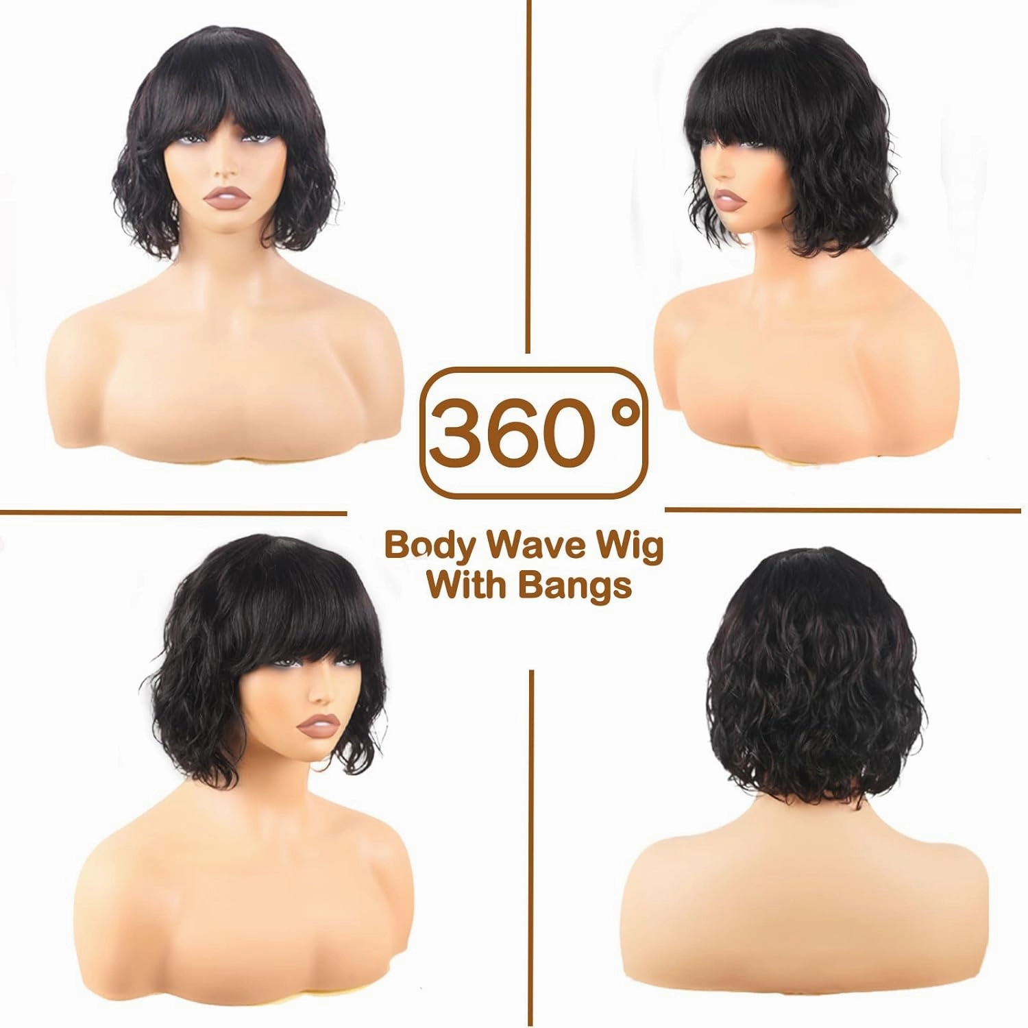 Body Wave Wigs with Bangs Human Hair Wig for Black Women None Lace Wear and Go Glueless Wig 150% Density Machine Made Brazilian Virgin Short Bob Wigs Human Hair (10 Inch, Natural Black)
