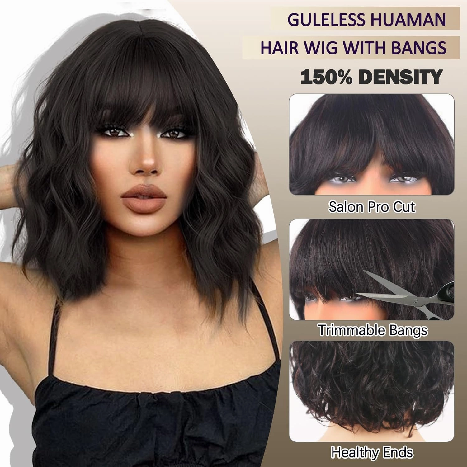 Body Wave Wigs with Bangs Human Hair Wig for Black Women None Lace Wear and Go Glueless Wig 150% Density Machine Made Brazilian Virgin Short Bob Wigs Human Hair (10 Inch, Natural Black)