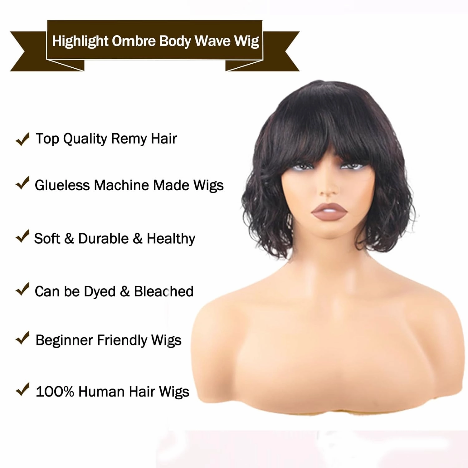 Body Wave Wigs with Bangs Human Hair Wig for Black Women None Lace Wear and Go Glueless Wig 150% Density Machine Made Brazilian Virgin Short Bob Wigs Human Hair (10 Inch, Natural Black)
