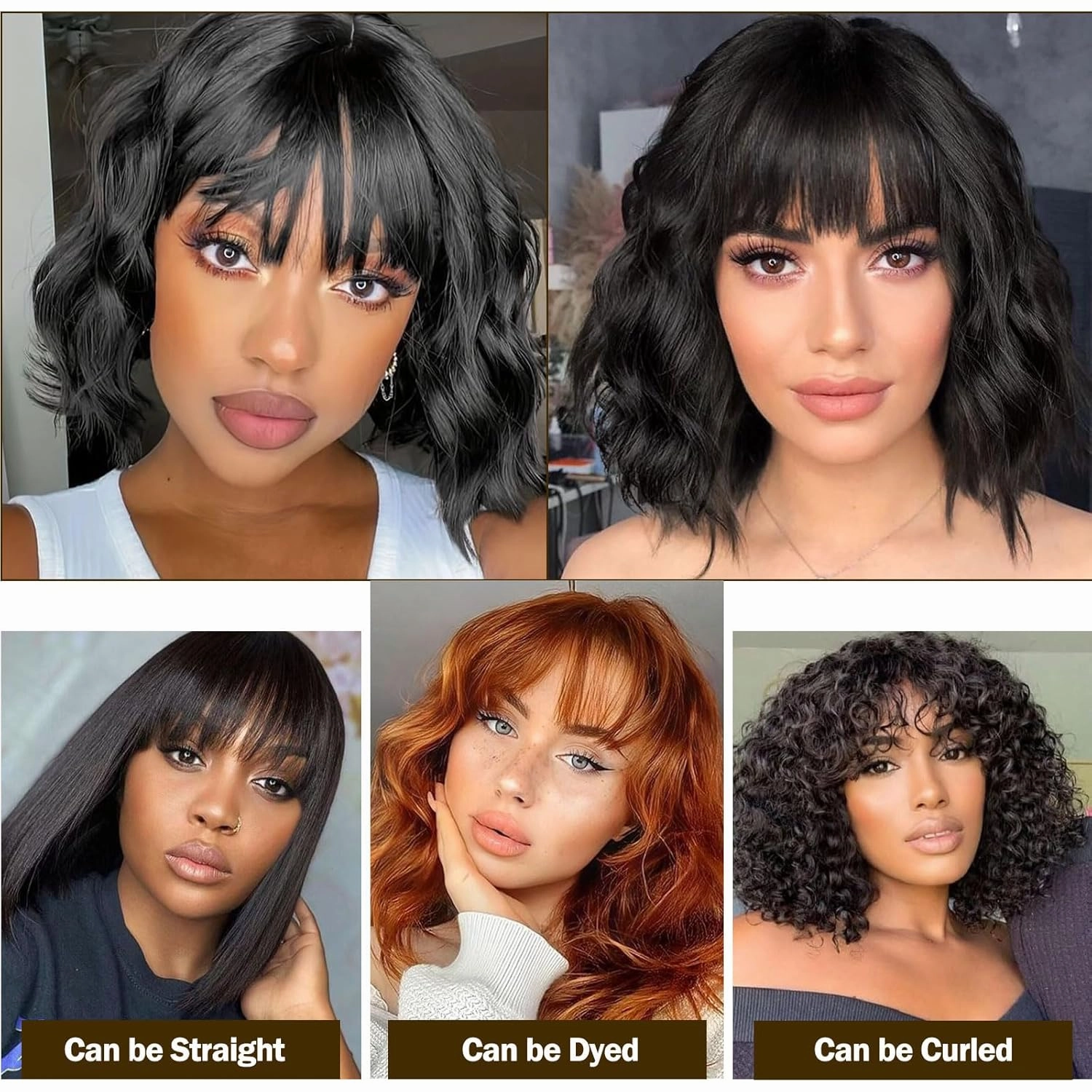 Body Wave Wigs with Bangs Human Hair Wig for Black Women None Lace Wear and Go Glueless Wig 150% Density Machine Made Brazilian Virgin Short Bob Wigs Human Hair (10 Inch, Natural Black)