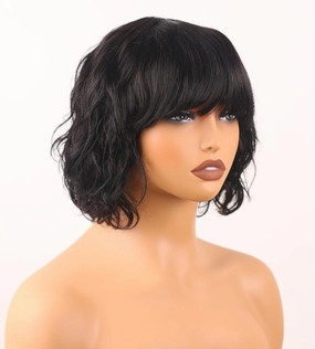 Body Wave Wigs with Bangs Human Hair Wig for Black Women None Lace Wear and Go Glueless Wig 150% Density Machine Made Brazilian Virgin Short Bob Wigs Human Hair (10 Inch, Natural Black)