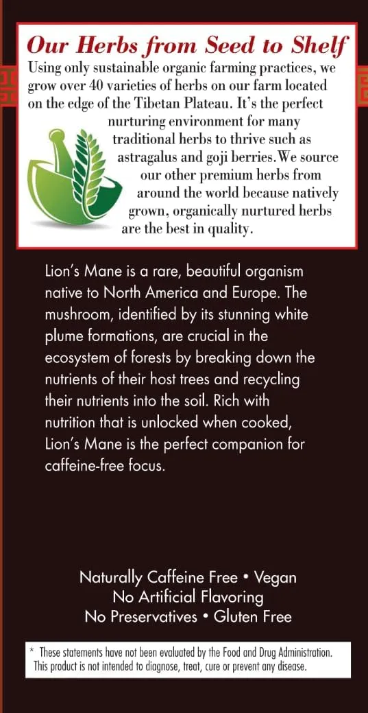 Bravo Tea Lion's Mane Mushroom Herbal Tea Caffeine Free, 20 Tea Bags, 6 Count