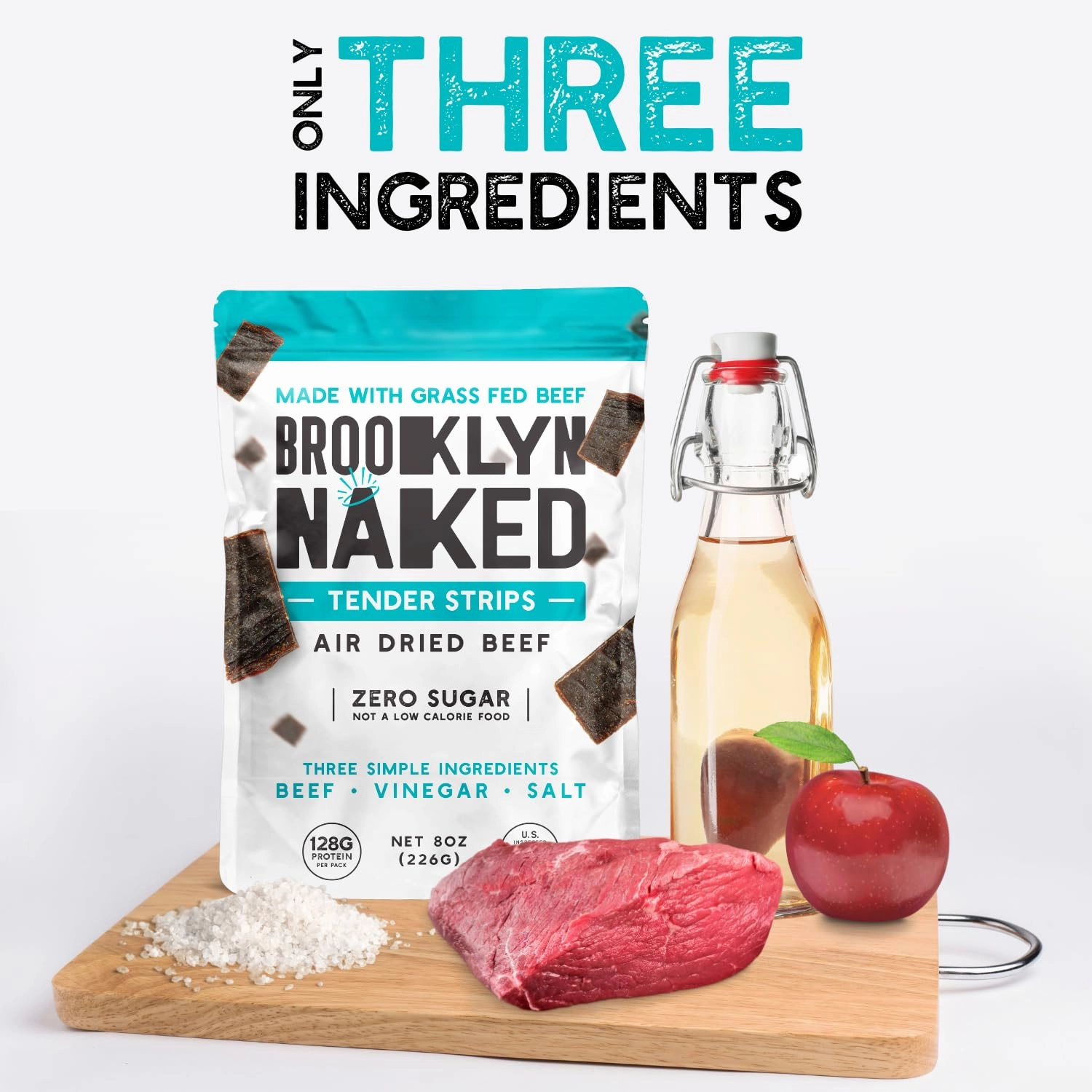 Brooklyn Naked Tender Strips - (8 oz, Pack of 1) – Chewy Air Dried Grass Fed Protein Snacks – Sugar Free Beef Jerky Alternative – Organic Beef Snacks – Whole 30 Approved Foods, AIP, Paleo, Keto, Carnivore Friendly & Gluten Free