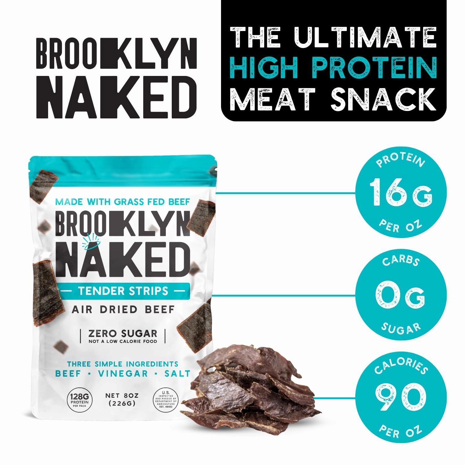 Brooklyn Naked Tender Strips - (8 oz, Pack of 1) – Chewy Air Dried Grass Fed Protein Snacks – Sugar Free Beef Jerky Alternative – Organic Beef Snacks – Whole 30 Approved Foods, AIP, Paleo, Keto, Carnivore Friendly & Gluten Free