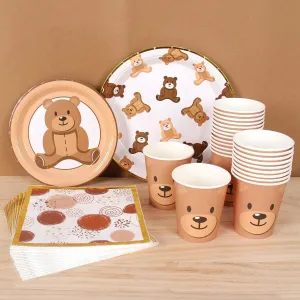 Brown Teddy Bear Baby Shower Plates - Paper Plates, Disposable Cups, Napkins with Firework Pattern in Golden Border for 24 Teddy Bear Theme Party Supplies, Baby Shower, Wedding, Birthday Party
