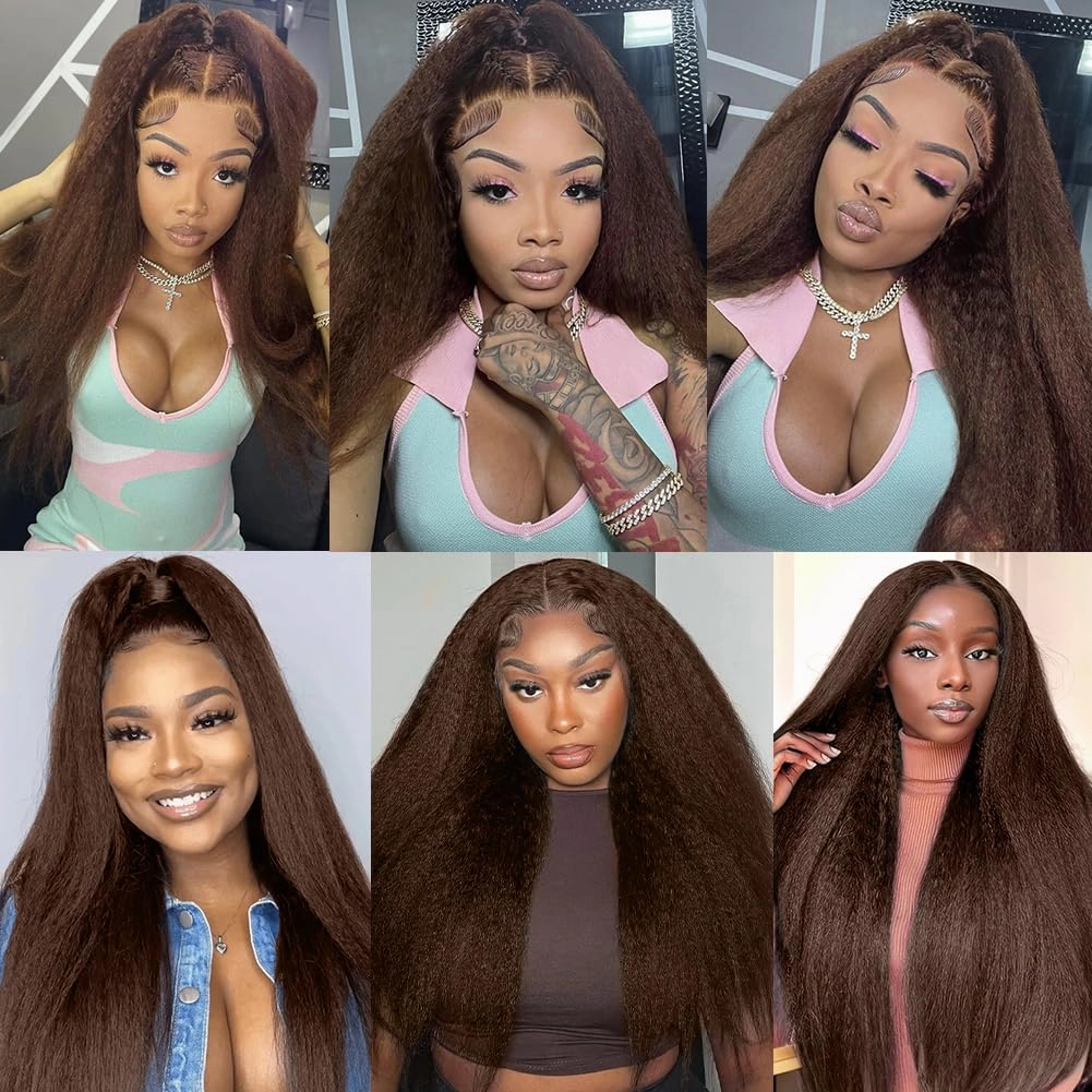 Brown Bundles Human Hair 24 Inch Yaki Straight Kinky Straight Bundles Human Hair Kinkystraight 12A Brazilian Virgin Human Bundle for Black Women Chocolate Brown Hair Extension 1 Bundle