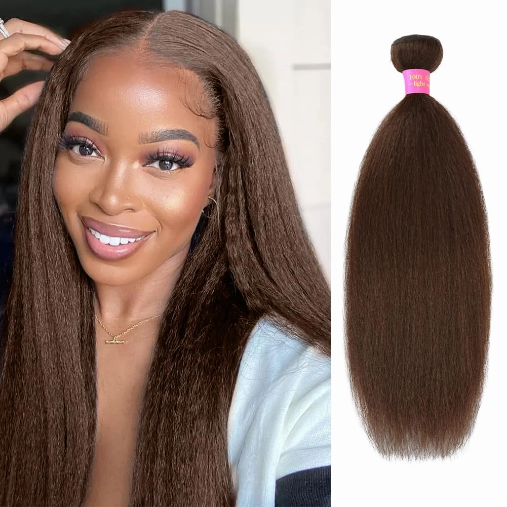 Brown Bundles Human Hair 24 Inch Yaki Straight Kinky Straight Bundles Human Hair Kinkystraight 12A Brazilian Virgin Human Bundle for Black Women Chocolate Brown Hair Extension 1 Bundle