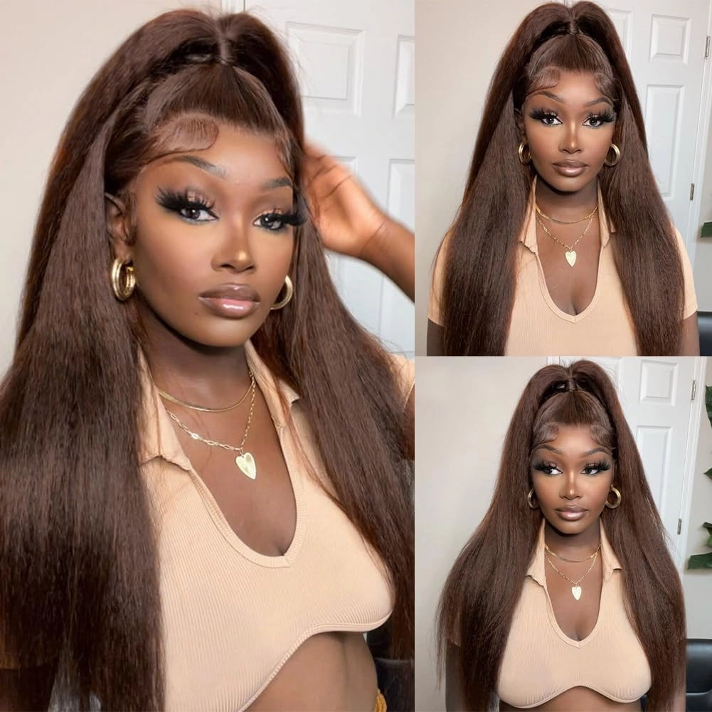 Brown Bundles Human Hair 24 Inch Yaki Straight Kinky Straight Bundles Human Hair Kinkystraight 12A Brazilian Virgin Human Bundle for Black Women Chocolate Brown Hair Extension 1 Bundle