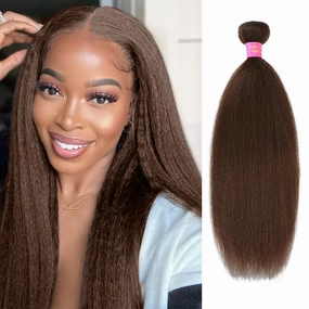 Brown Bundles Human Hair 24 Inch Yaki Straight Kinky Straight Bundles Human Hair Kinkystraight 12A Brazilian Virgin Human Bundle for Black Women Chocolate Brown Hair Extension 1 Bundle
