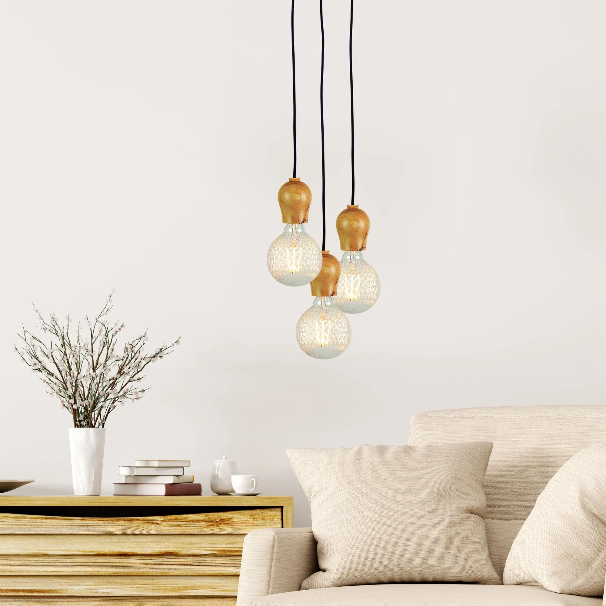 BUD - Modern Natural Timber 1 Light Suspension With Black Cloth Covered Cord Suspension
