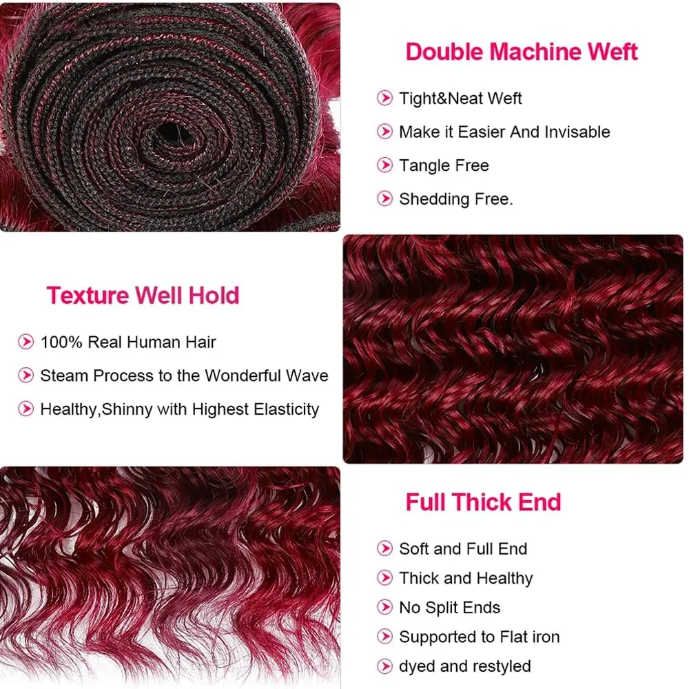 Burgundy 99J Human Hair Bundles 08 10 12 Inch Deep Wave Bundles Human Hair Unprocessed Brazilian Virgin Hair Quick Weave for Black Women