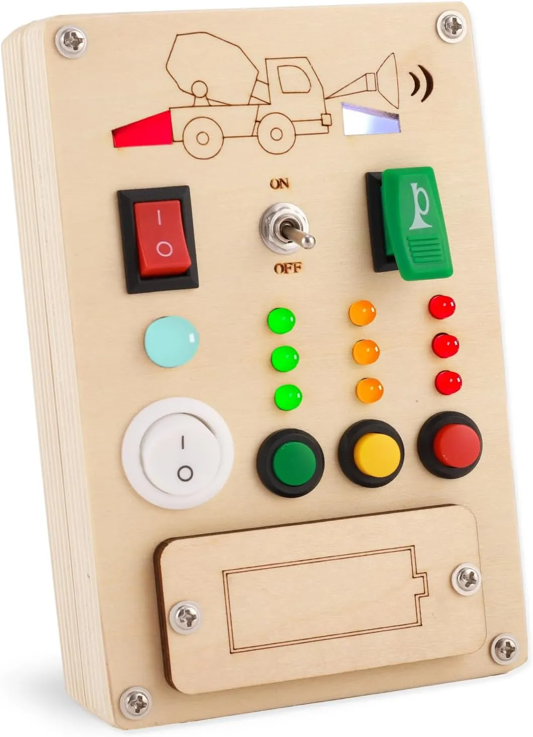 Busy Board Montessori Toys for 1 Year Old Led Button Push Toys Light Switch Preschool Learning Wooden Sensory for Toddlers 1-3 Baby Gifts Travel Fidget Toy (Vehicle Theme Light Toy)