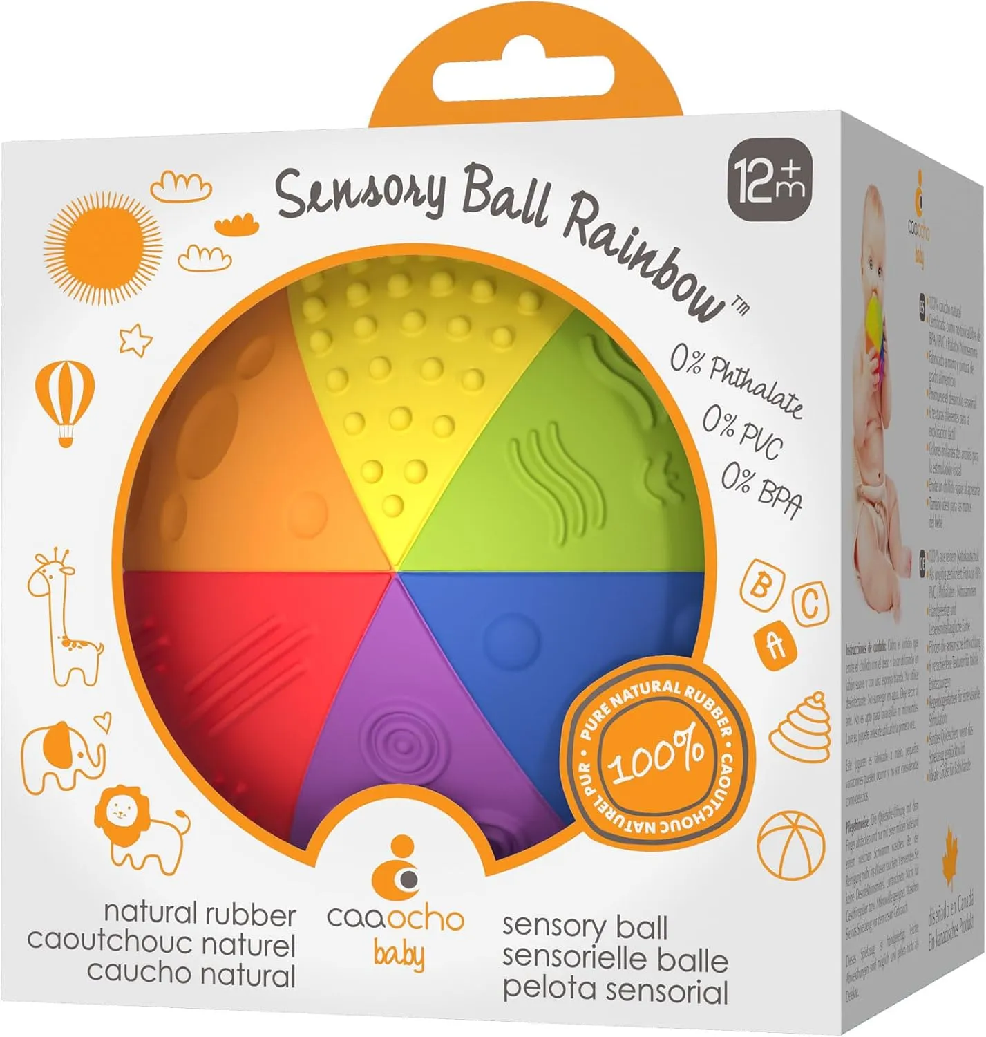 caaocho Pure Natural Rubber Sensory Ball Rainbow 4" - All Natural Sensory Toy, Promotes Sensory Development, Rainbow Colors, Perfect Bouncer, Gentle Squeaking, BPA Free, PVC Free, Food-Grade Paint