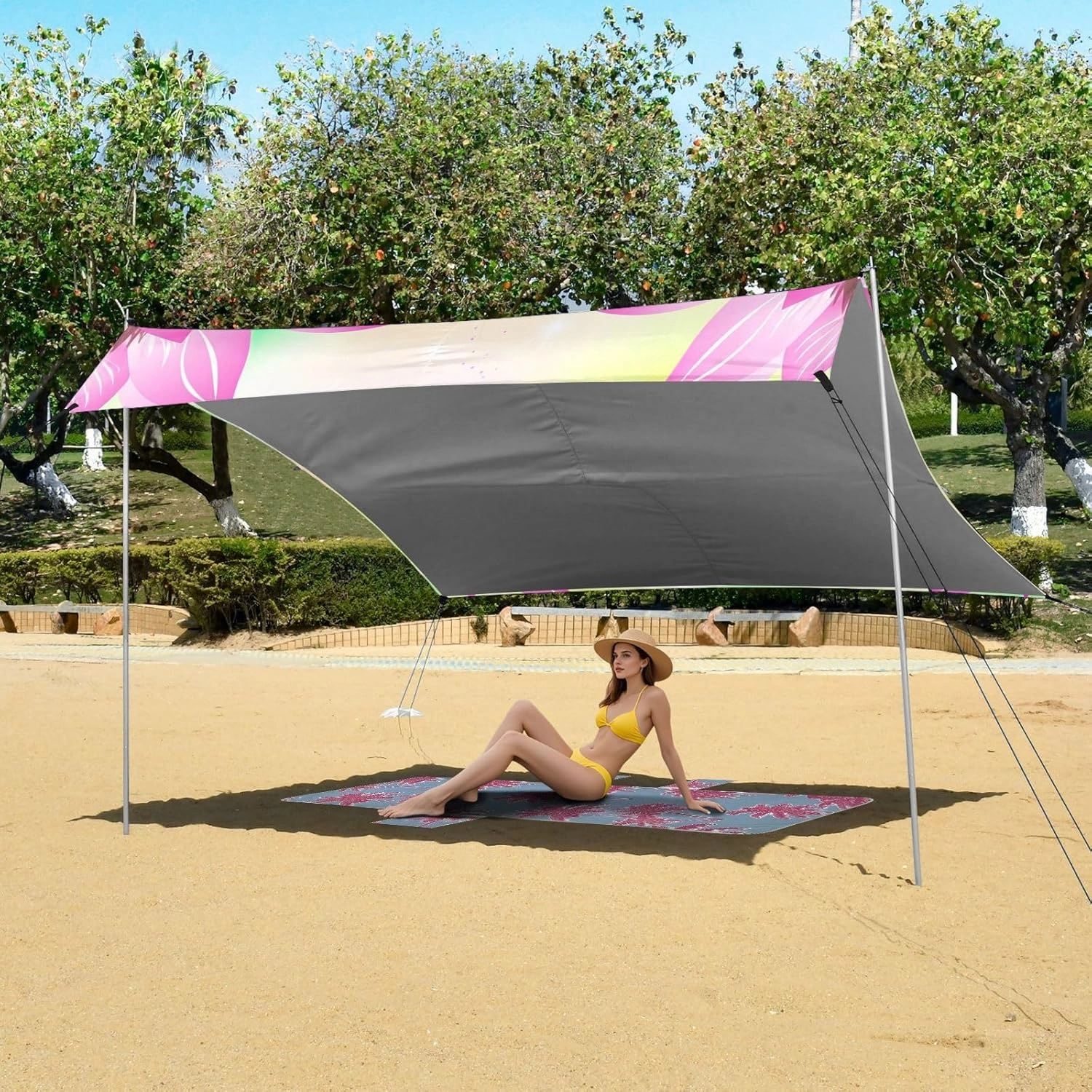 Canopy Tent Beach 9.2 × 10.5 FT Outdoor Sun Shade Patio Beautiful Pink Lotus Flower Kids Sand Camping Sun Shelter Sunshade with Anchor Poles Easy up
