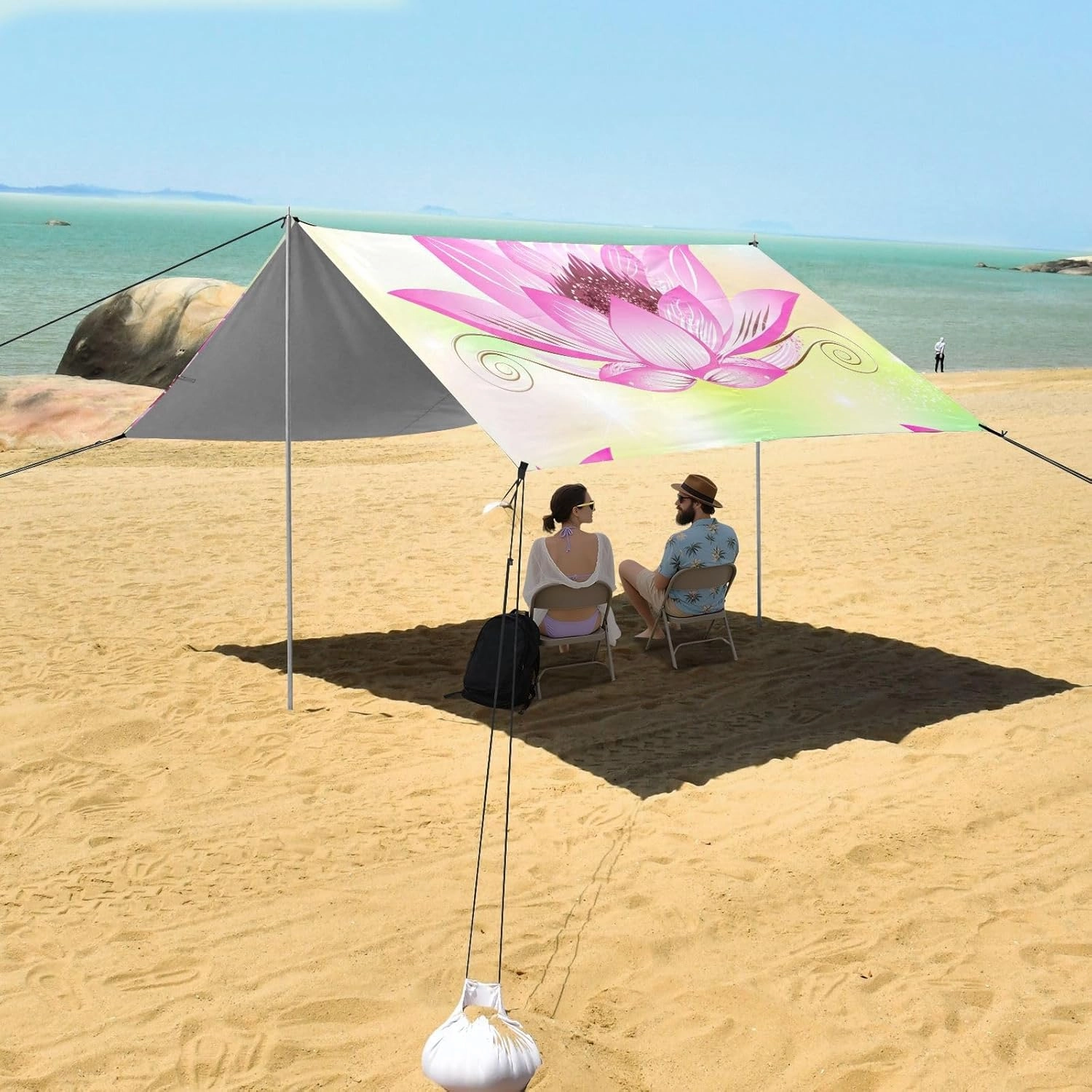 Canopy Tent Beach 9.2 × 10.5 FT Outdoor Sun Shade Patio Beautiful Pink Lotus Flower Kids Sand Camping Sun Shelter Sunshade with Anchor Poles Easy up