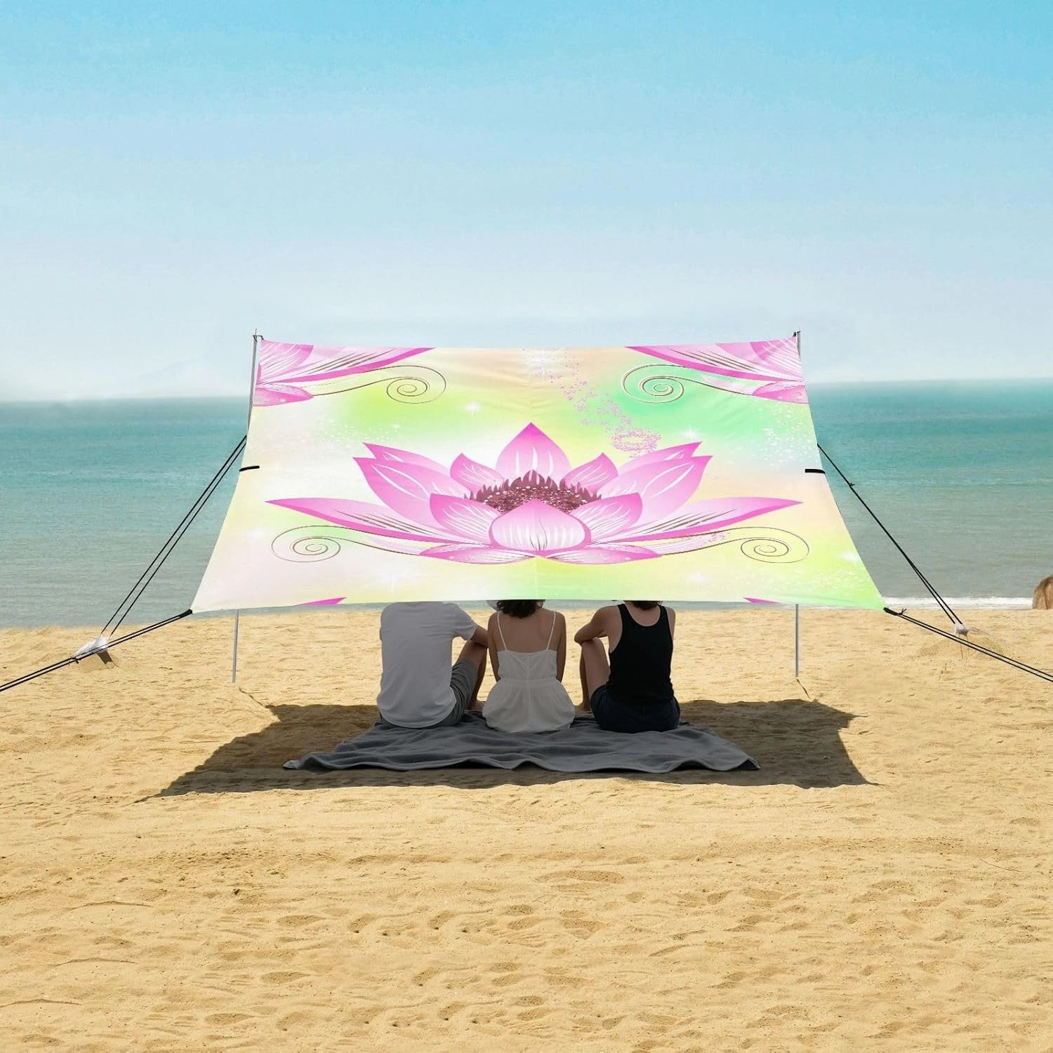 Canopy Tent Beach 9.2 × 10.5 FT Outdoor Sun Shade Patio Beautiful Pink Lotus Flower Kids Sand Camping Sun Shelter Sunshade with Anchor Poles Easy up