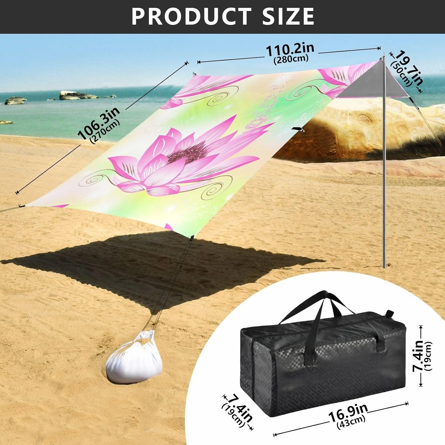 Canopy Tent Beach 9.2 × 10.5 FT Outdoor Sun Shade Patio Beautiful Pink Lotus Flower Kids Sand Camping Sun Shelter Sunshade with Anchor Poles Easy up