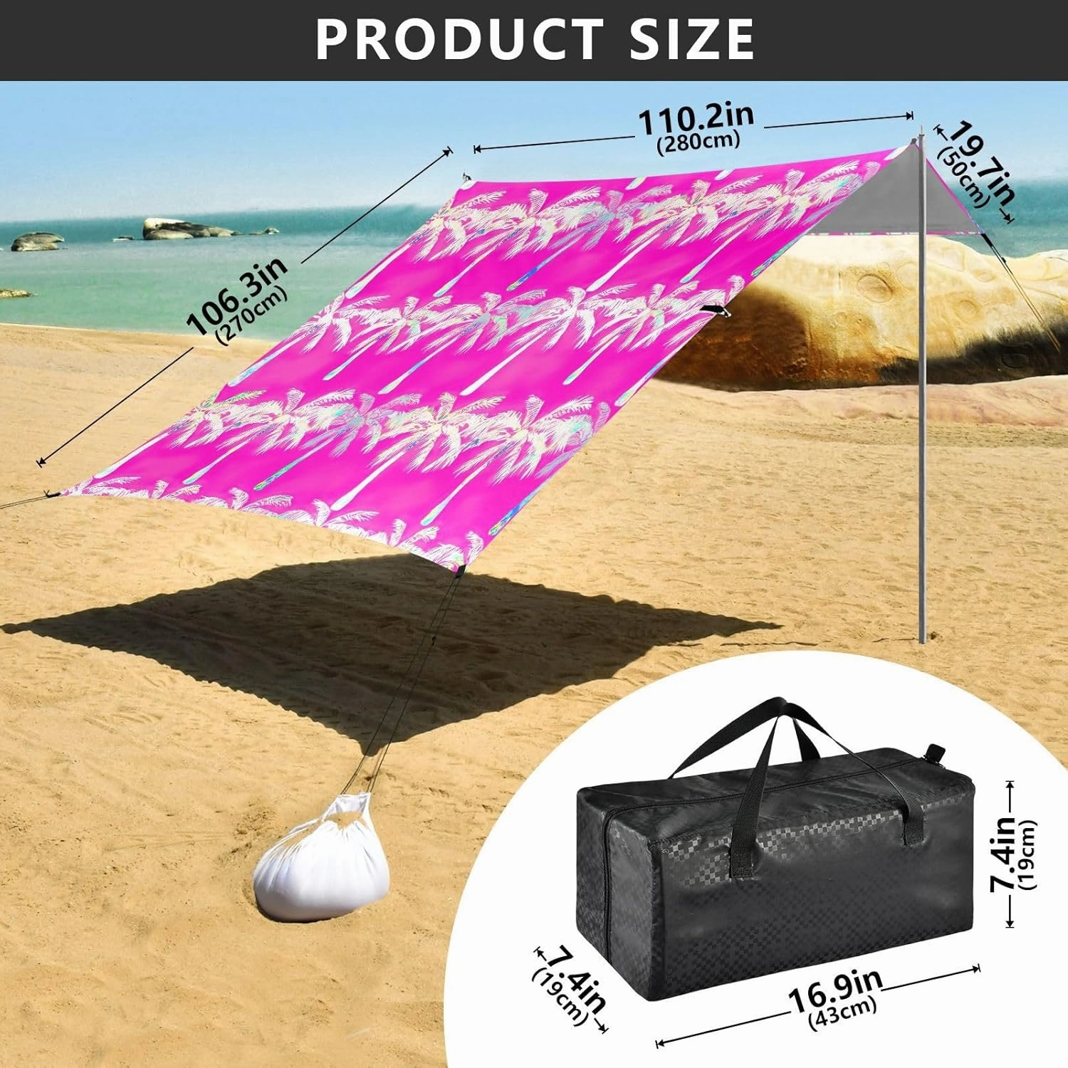 Canopy Tent Beach Patio Sun Shade Outdoor 9.2 × 10.5 FT Shades Camping Sun Shelter Custom Pink Tropical Coconut Trees Wind Sail Shade with Sandbags Anchor