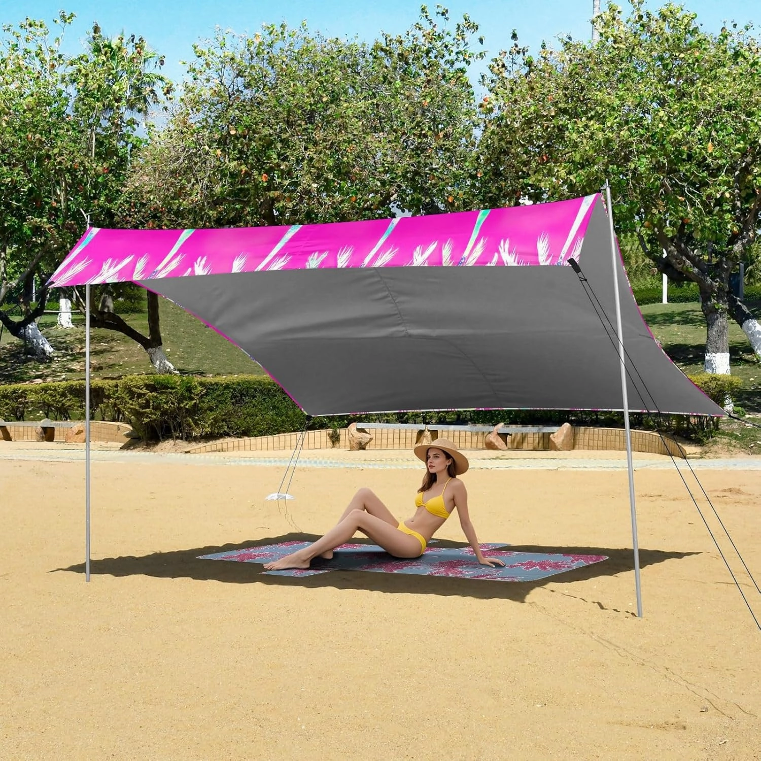 Canopy Tent Beach Patio Sun Shade Outdoor 9.2 × 10.5 FT Shades Camping Sun Shelter Custom Pink Tropical Coconut Trees Wind Sail Shade with Sandbags Anchor